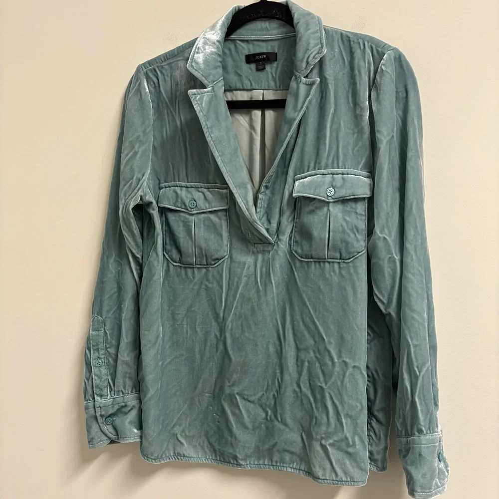 J‎ Crew Velvet Patch-Pocket Popover Shirt S Small Seaglass